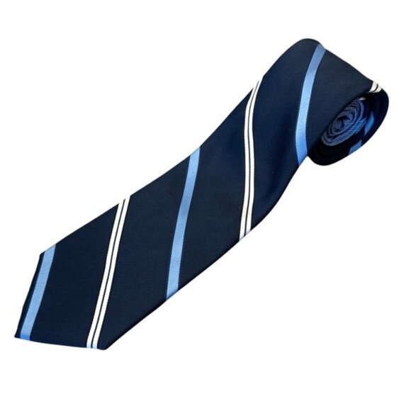 Tommy Hilfiger silk tie with white & light blue stripes on navy background - Picture 3 of 8
